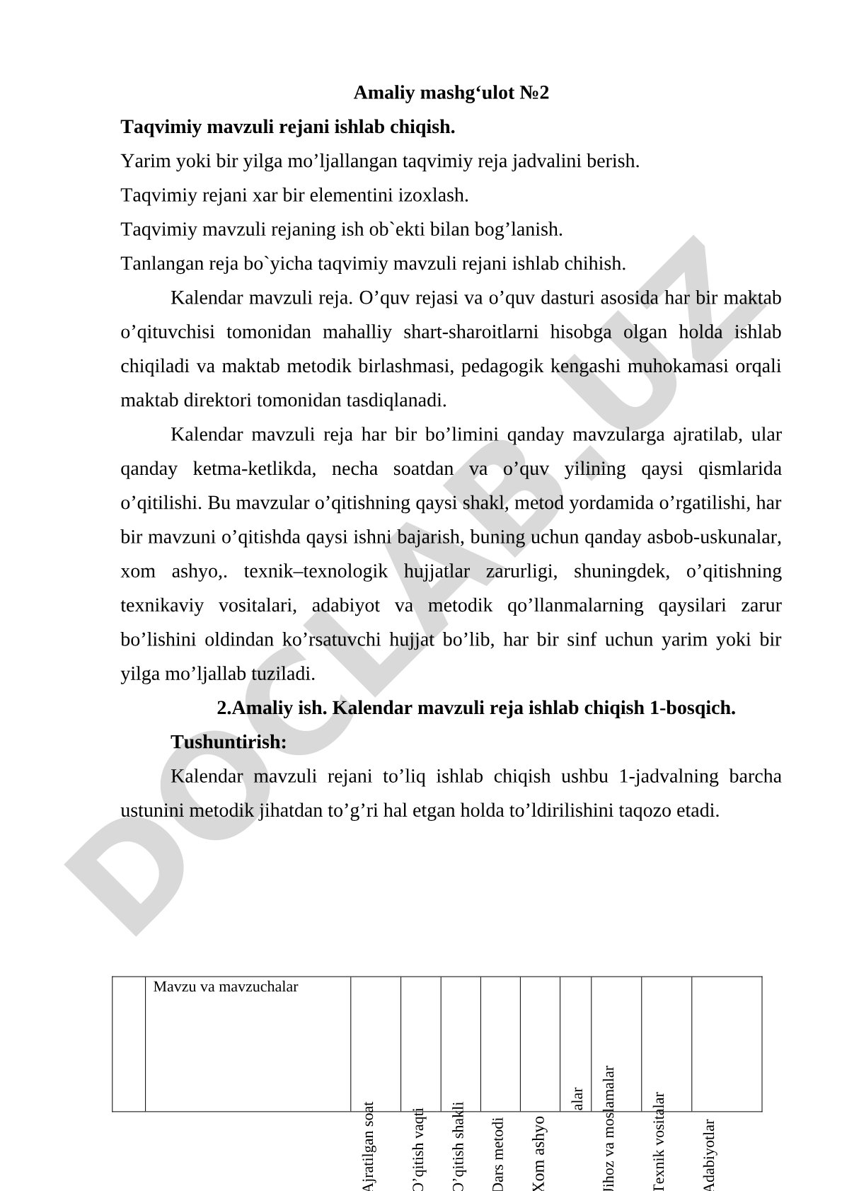 Taqvimiy mavzuli rejani ishlab chiqish