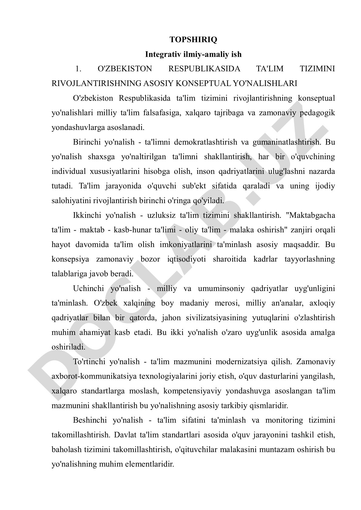O'zbekiston Respublikasida ta'lim tizimini rivojlantirishning asosiy konseptual yo'nalishlari