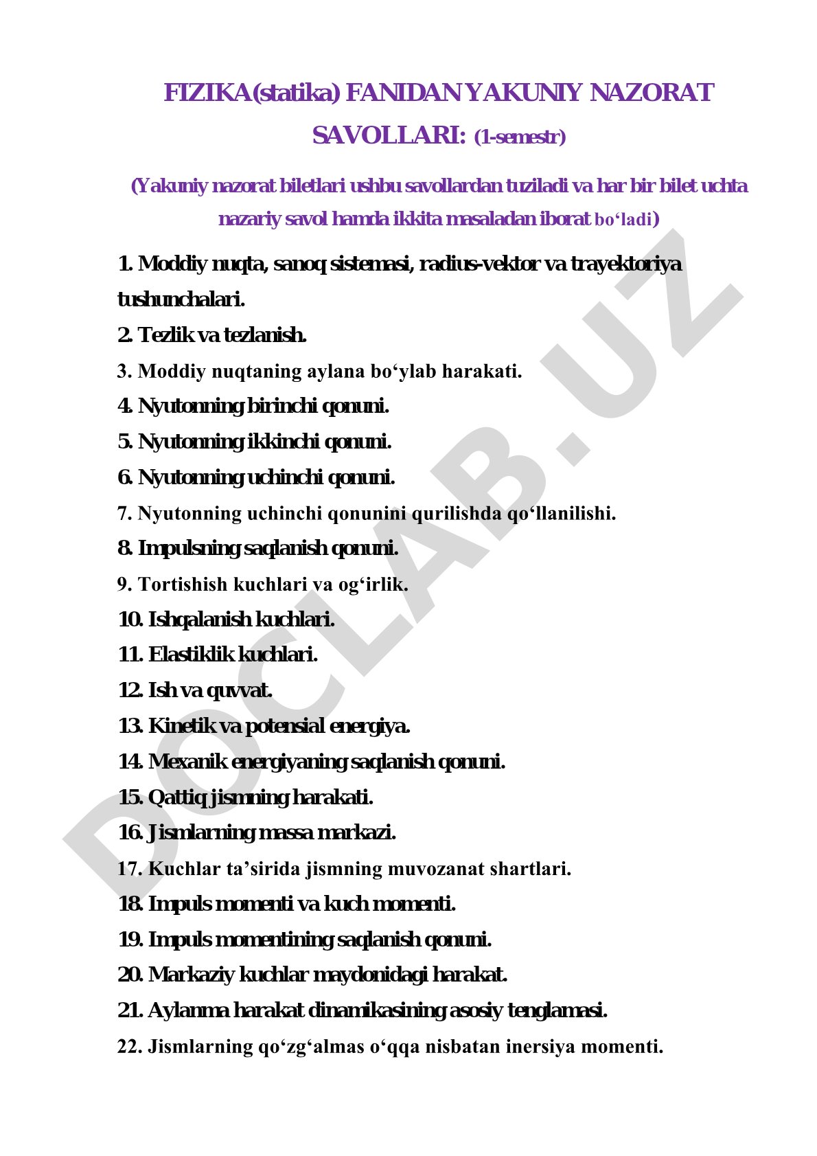 Fizika (statika) fanidan yakuniy nazorat savollari