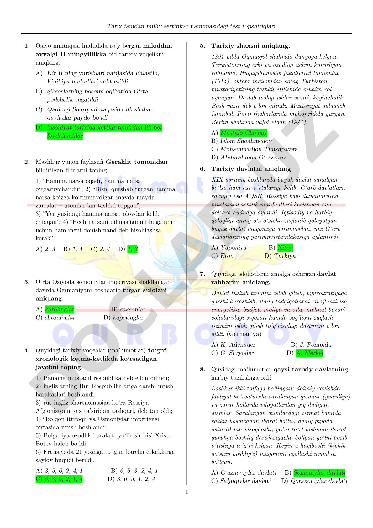 Tarix fanidan milliy sertifikat namunasidagi test topshiriqlari