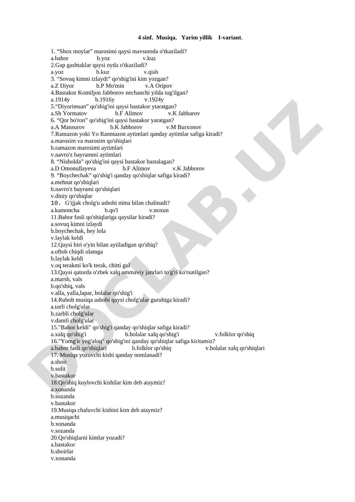 4-sinf musiqa yarim yillik I-variant testi