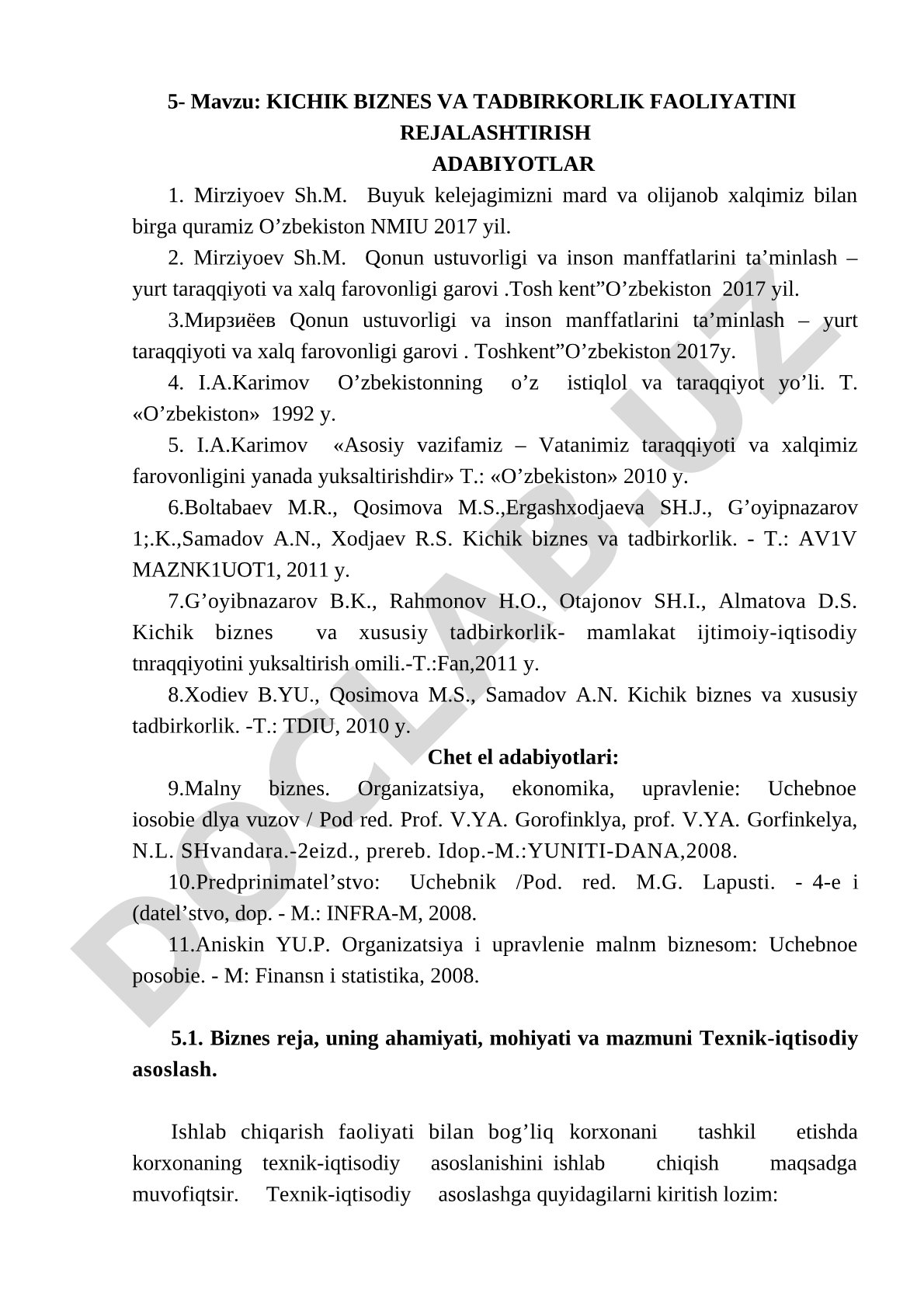 Kichik biznes va tadbirkorlik faoliyatini rejalashtirish adabiyotlar