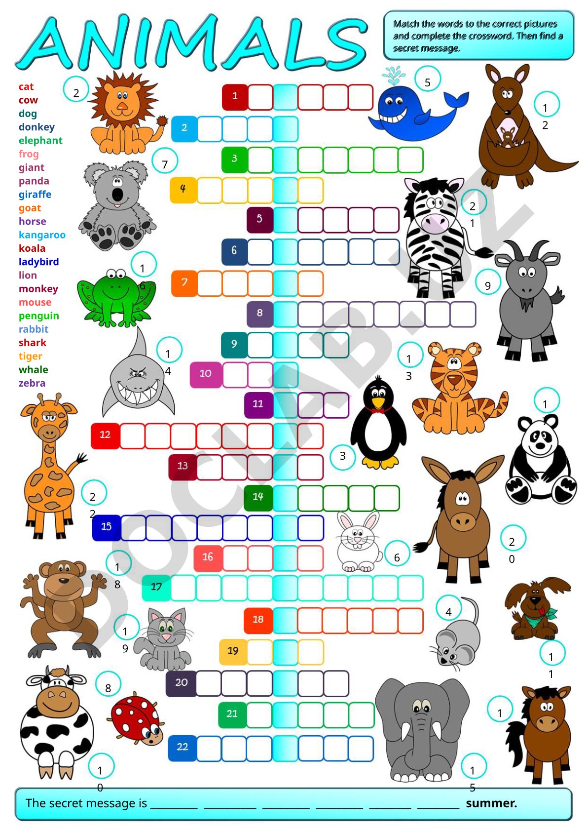 Animal Words Crossword Puzzle with Secret Message