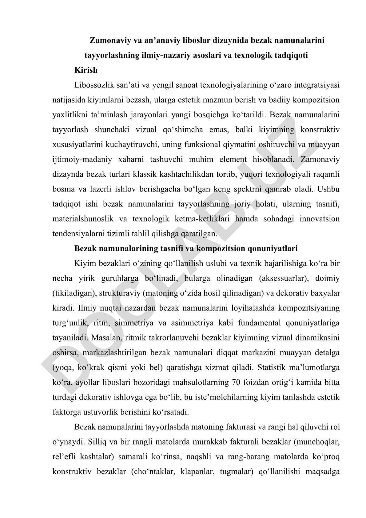 Liboslar dizaynida bezak namunalarini tayyorlashning ilmiy-nazariy asoslari va texnologik tadqiqoti