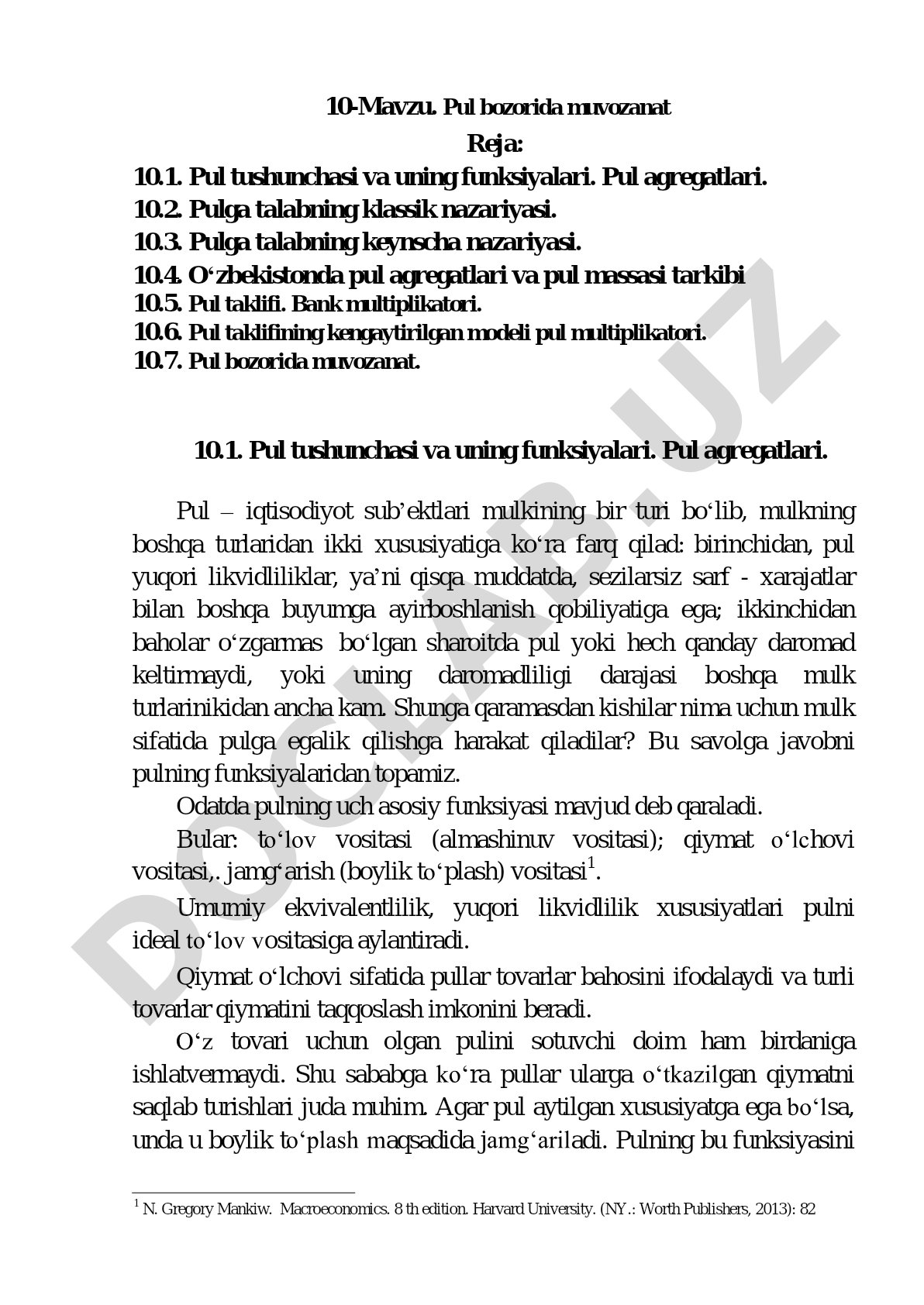 Pul tushunchasi, agregatlari, talab va taklif nazariyalari, bank multiplikatori va