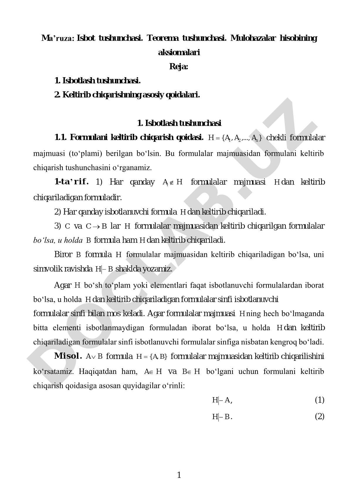 Isbot tushunchasi. Teorema tushunchasi. Mulohazalar hisobining aksiomalari