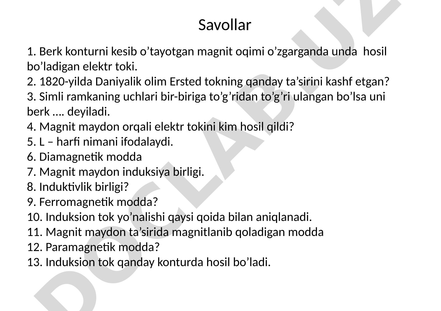 Elektromagnit induksiya bo'yicha savol-javoblar
