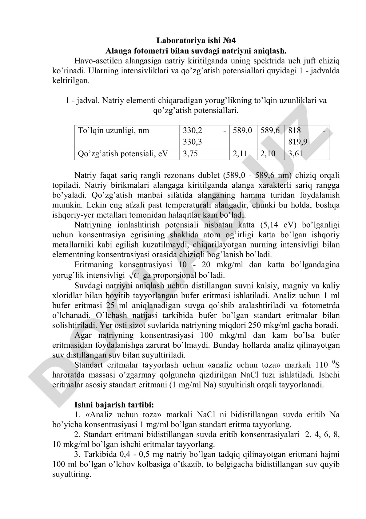 Alanga fotometri bilan suvdagi natriyni aniqlash