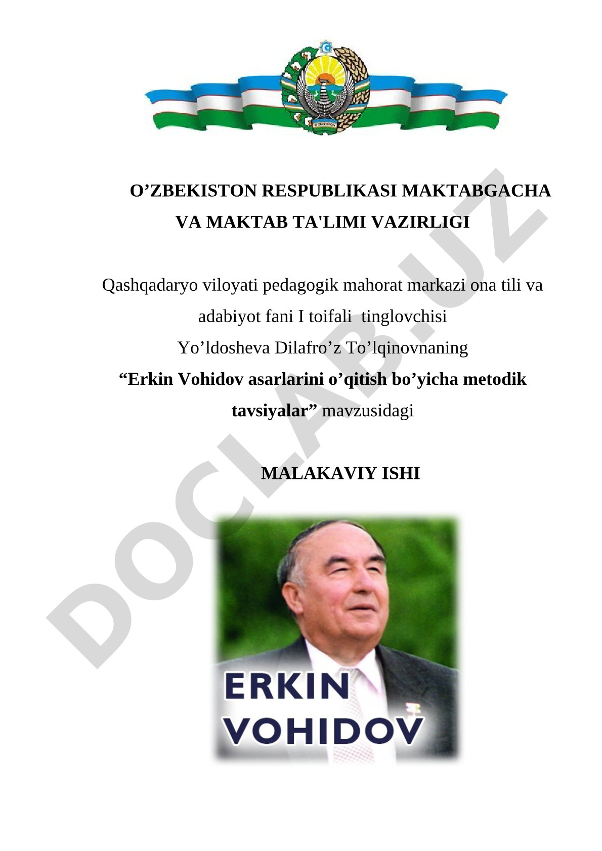 Erkin Vohidov asarlarini o’qitish bo’yicha metodik tavsiyalar