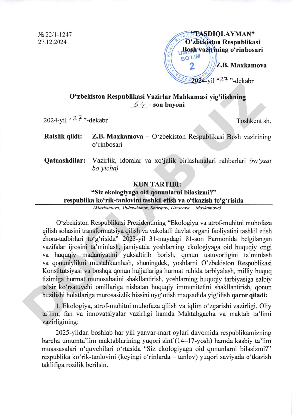 Siz ekologiyaga oid qonunlarni bilasizmi? respublika ko'rik-tanlovini tashkil etish va o'tkazish to'g'risida