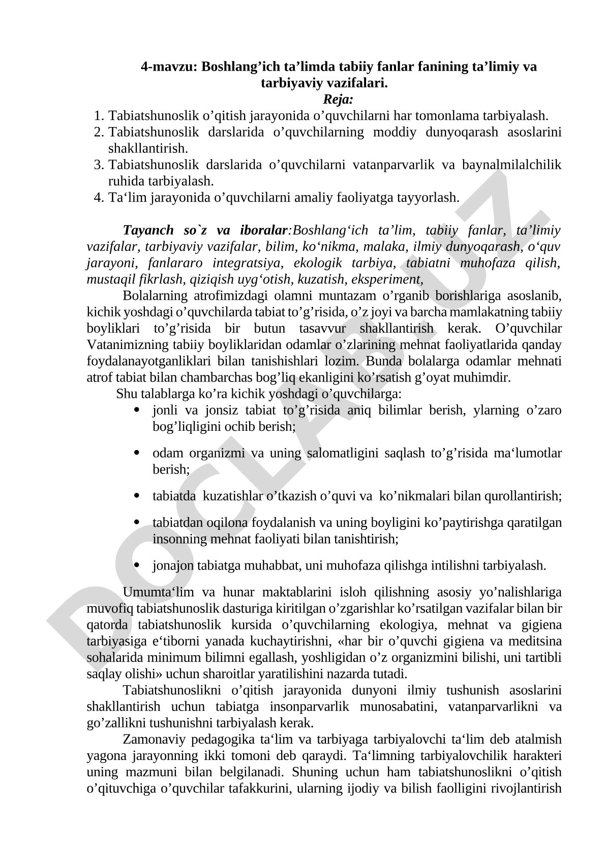 Boshlang'ich ta'limda tabiiy fanlar fanining ta'limiy va tarbiyaviy vazifalari