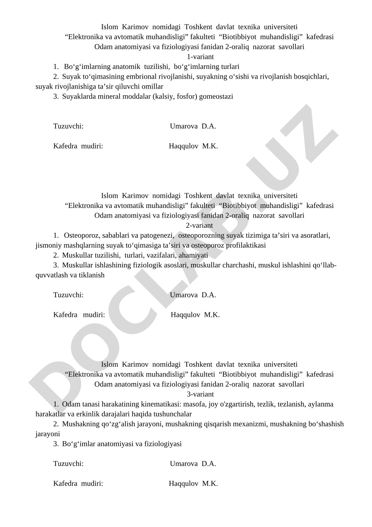 Odam anatomiyasi va fiziologiyasi fanidan 2-oraliq nazorat savollari