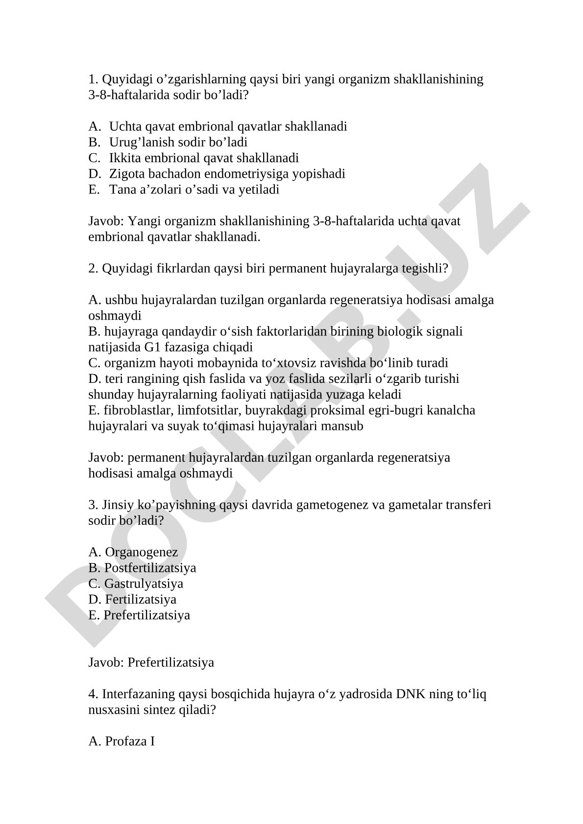 Yangi organizm shakllanishi va jinsiy ko'payish testi