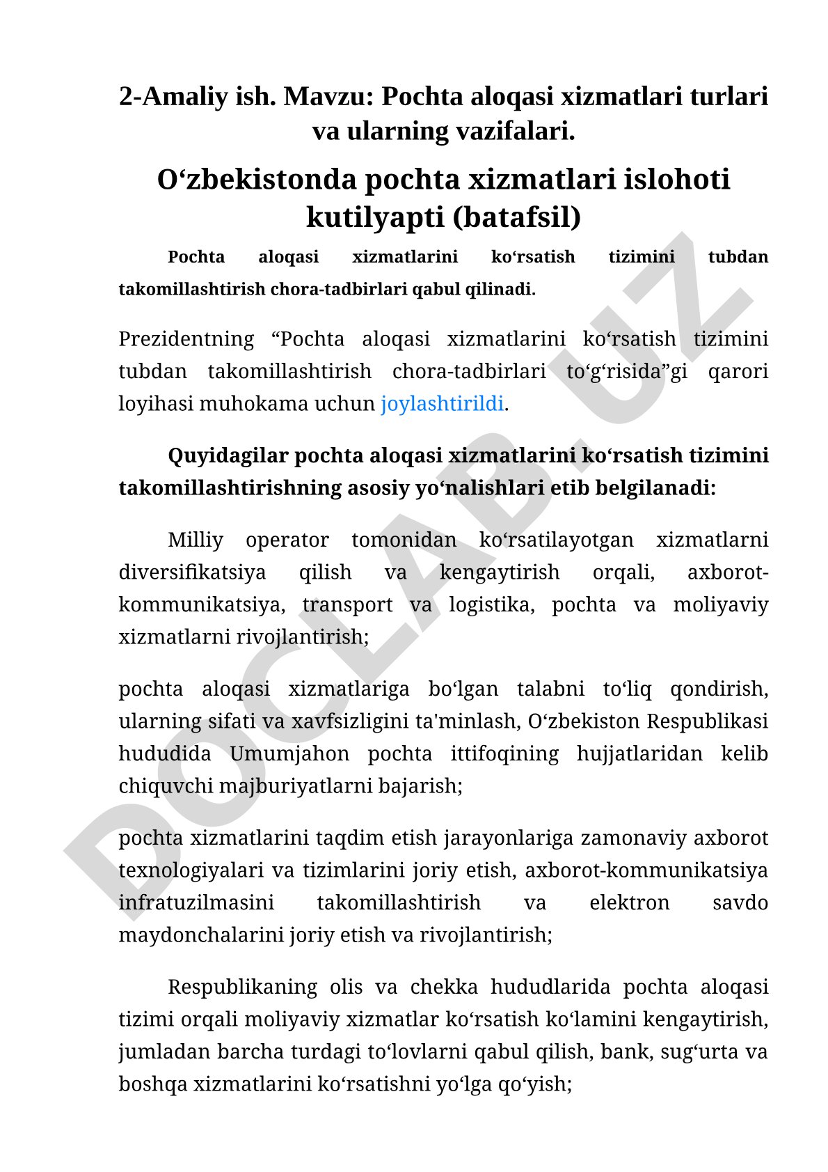 Pochta aloqasi xizmatlari turlari va ularning vazifalari