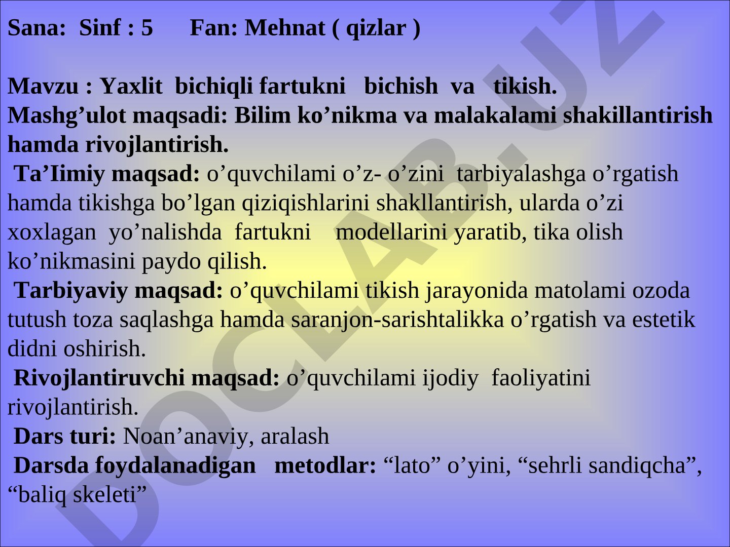 Yaxlit bichiqli fartukni bichish va tikish