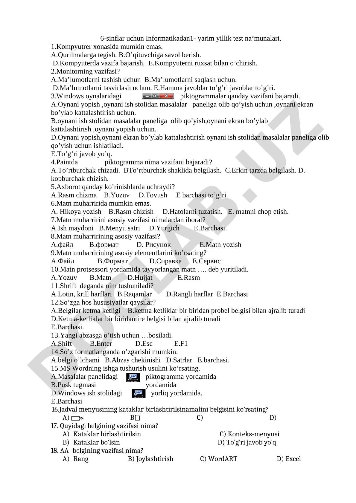6-sinflar uchun Informatikadan1- yarim yillik test na’munalari