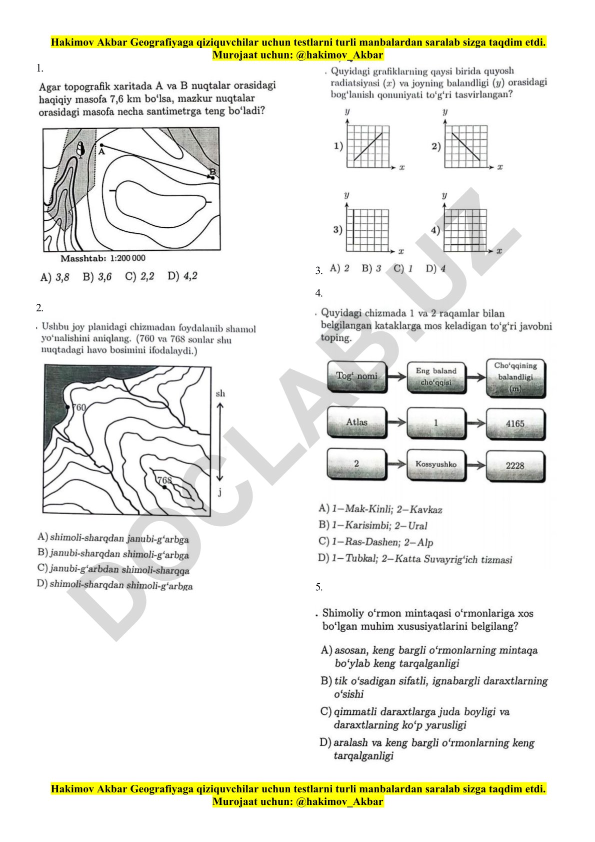 Geografiya fanidan test savollari to'plami