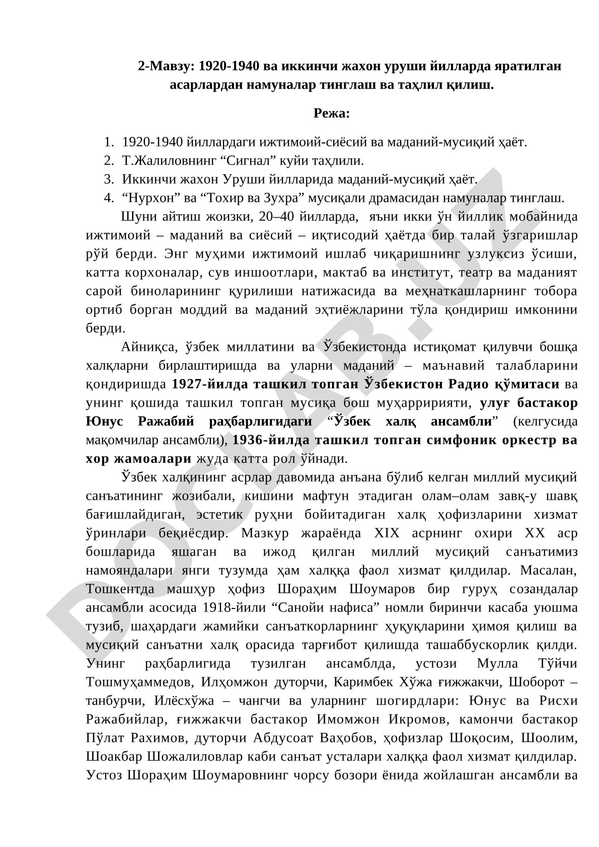 1920-1940 ва иккинчи жахон уруши йилларда яратилган асарлардан намуналар тинглаш ва таҳлил қилиш