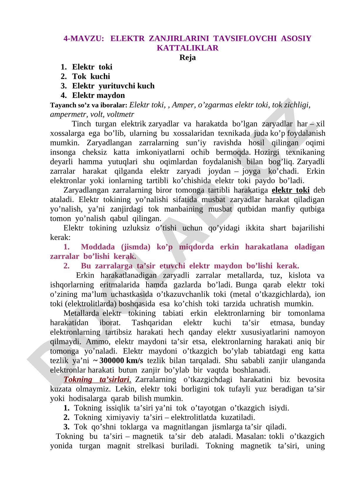 ELEKTR ZANJIRLARINI TAVSIFLOVCHI ASOSIY KATTALIKLAR
