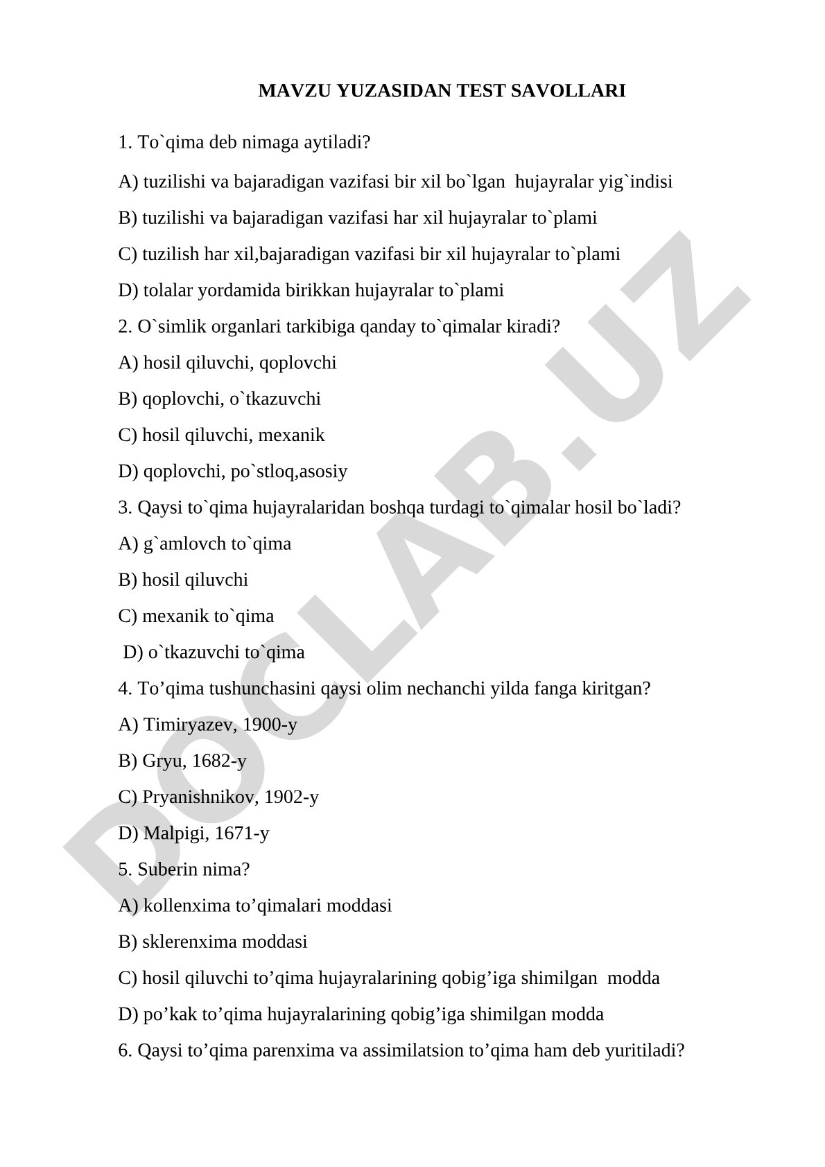 O'simlik to'qimalari haqida test savollari