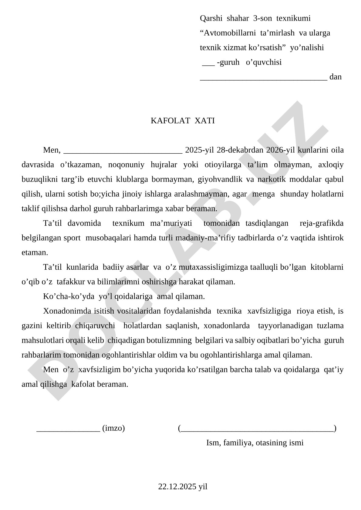 Ta'til davrida o'quvchi xulq-atvori kafolati