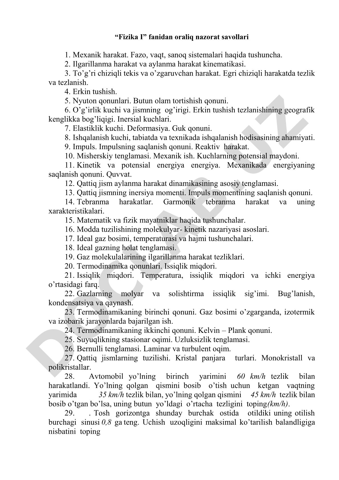 Fizika I fanidan oraliq nazorat savollari