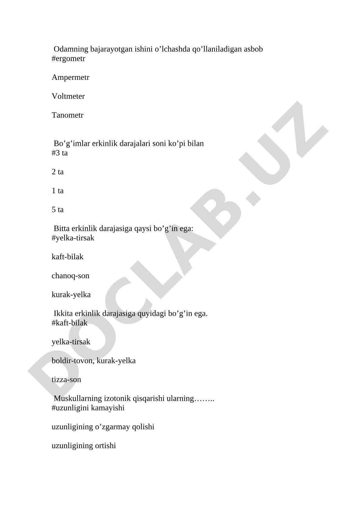Biomexanika bo'yicha test savollari