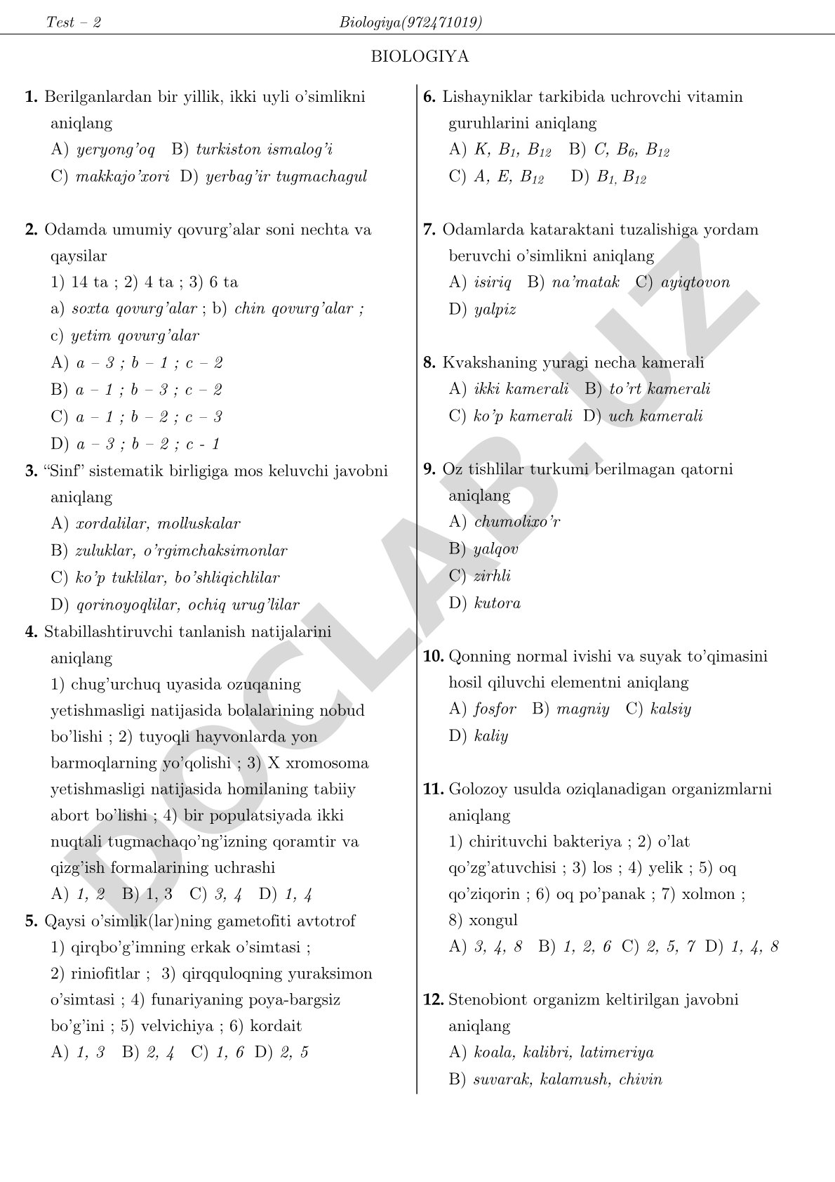 Biologiya fanidan test savollari