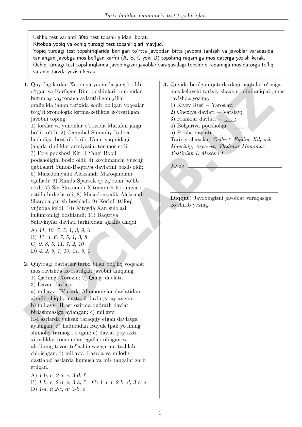 Tarix fanidan namunaviy test topshiriqlari