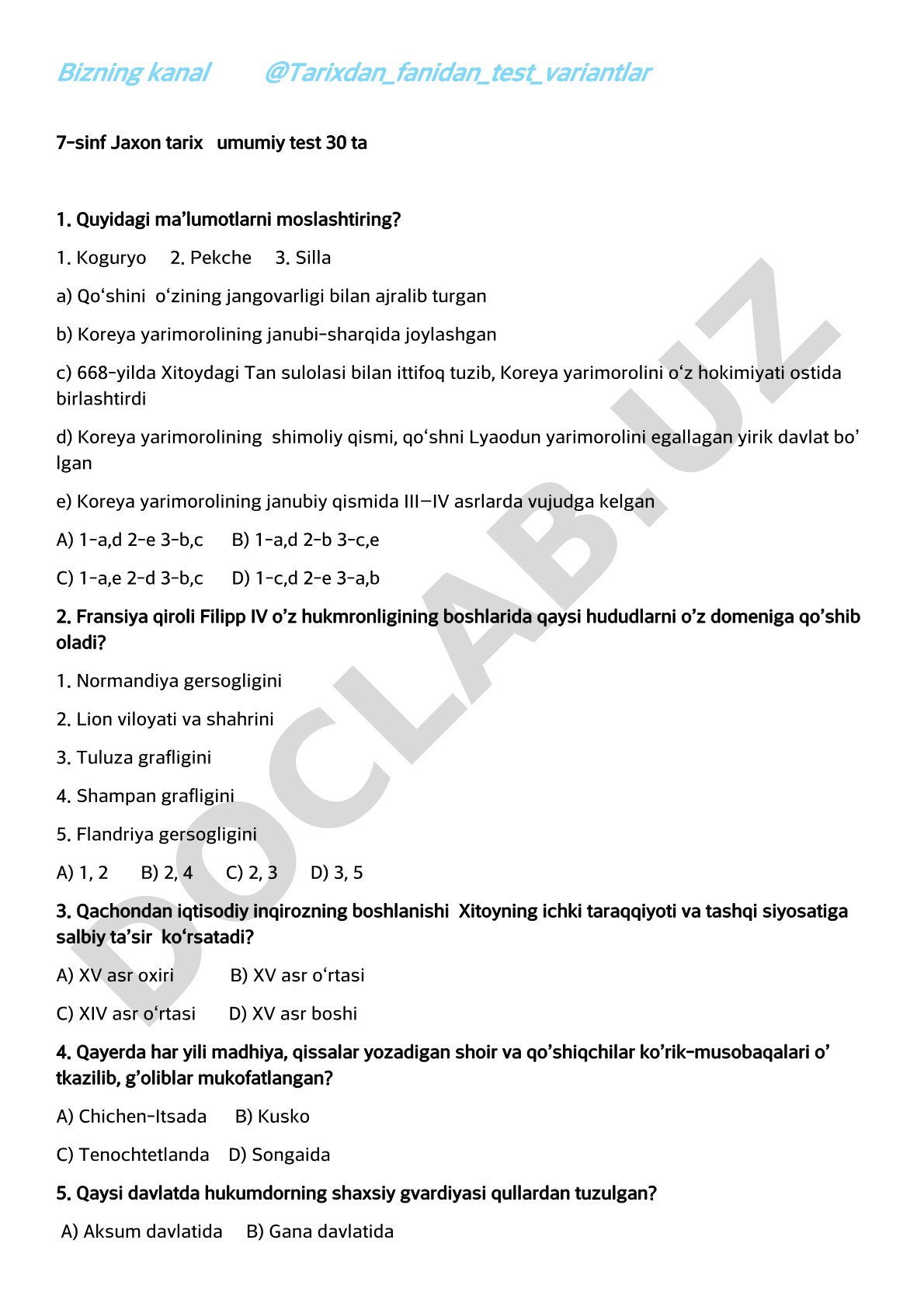7-sinf Jaxon tarix umumiy test 30 ta