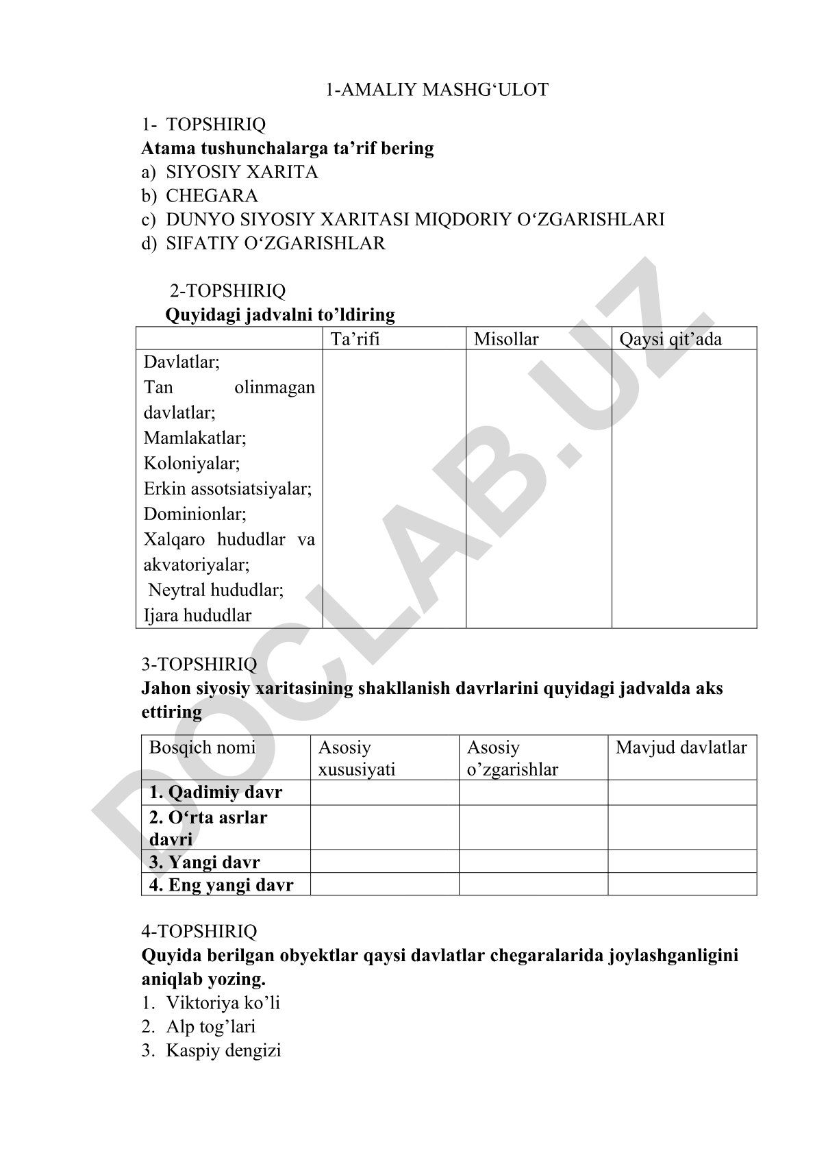 Siyosiy xarita va jahon siyosiy tuzilishi bo'yicha amaliy mashg'ulot topshiriqlari