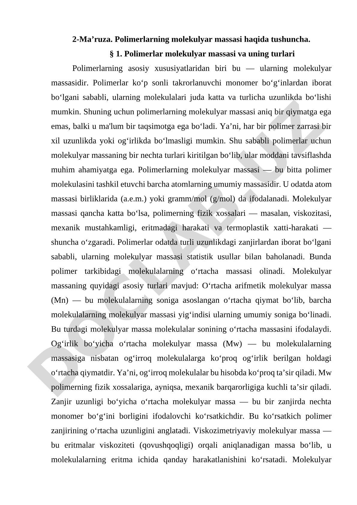 Polimerlarning molekulyar massasi haqida tushuncha