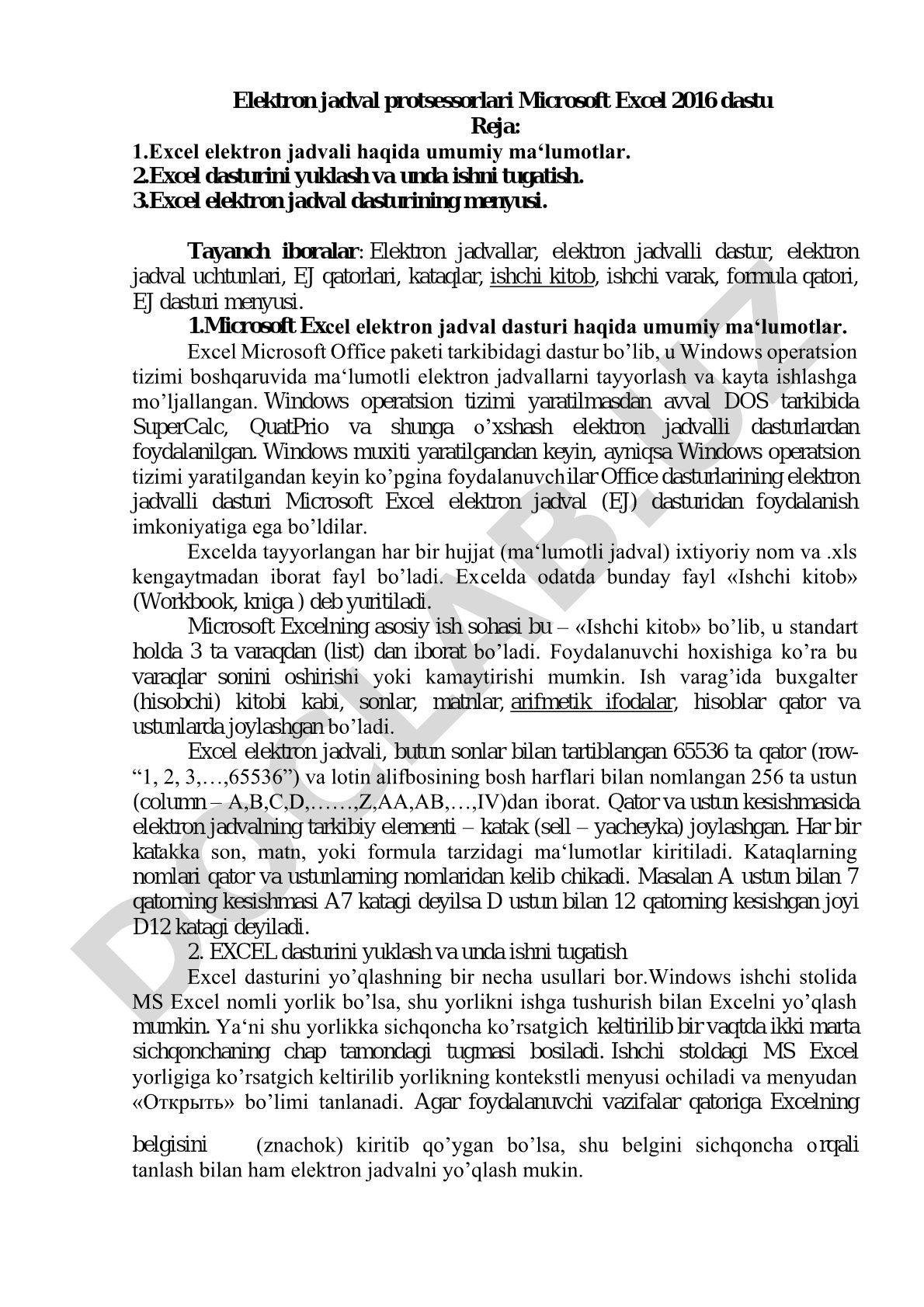 Microsoft Excel elektron jadvali bilan ishlash asoslari