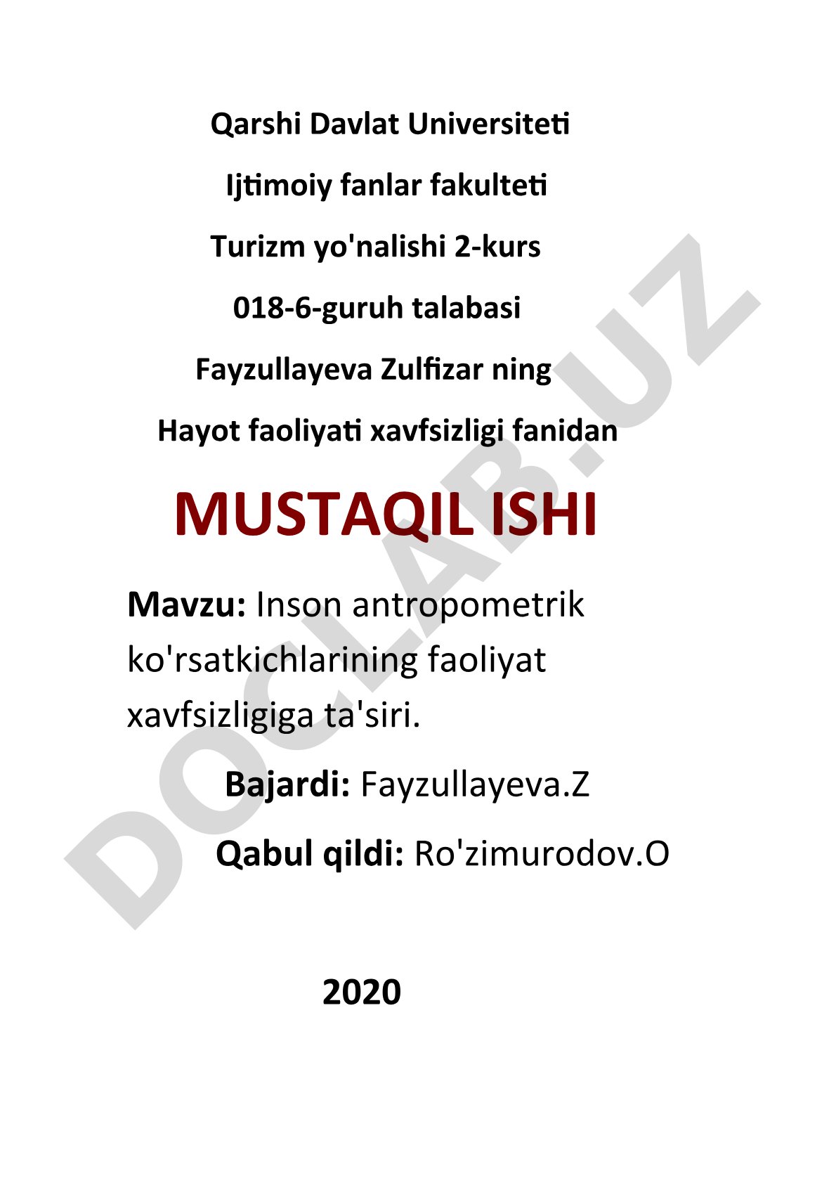Inson antropometrik ko'rsatkichlarining faoliyat xavfsizligiga ta'siri
