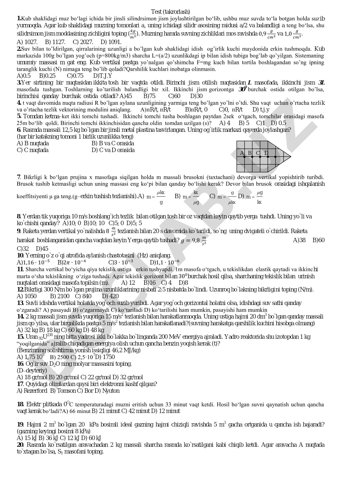 Fizika fanidan zichlik, Arximed kuchi va harakatga oid test savollari