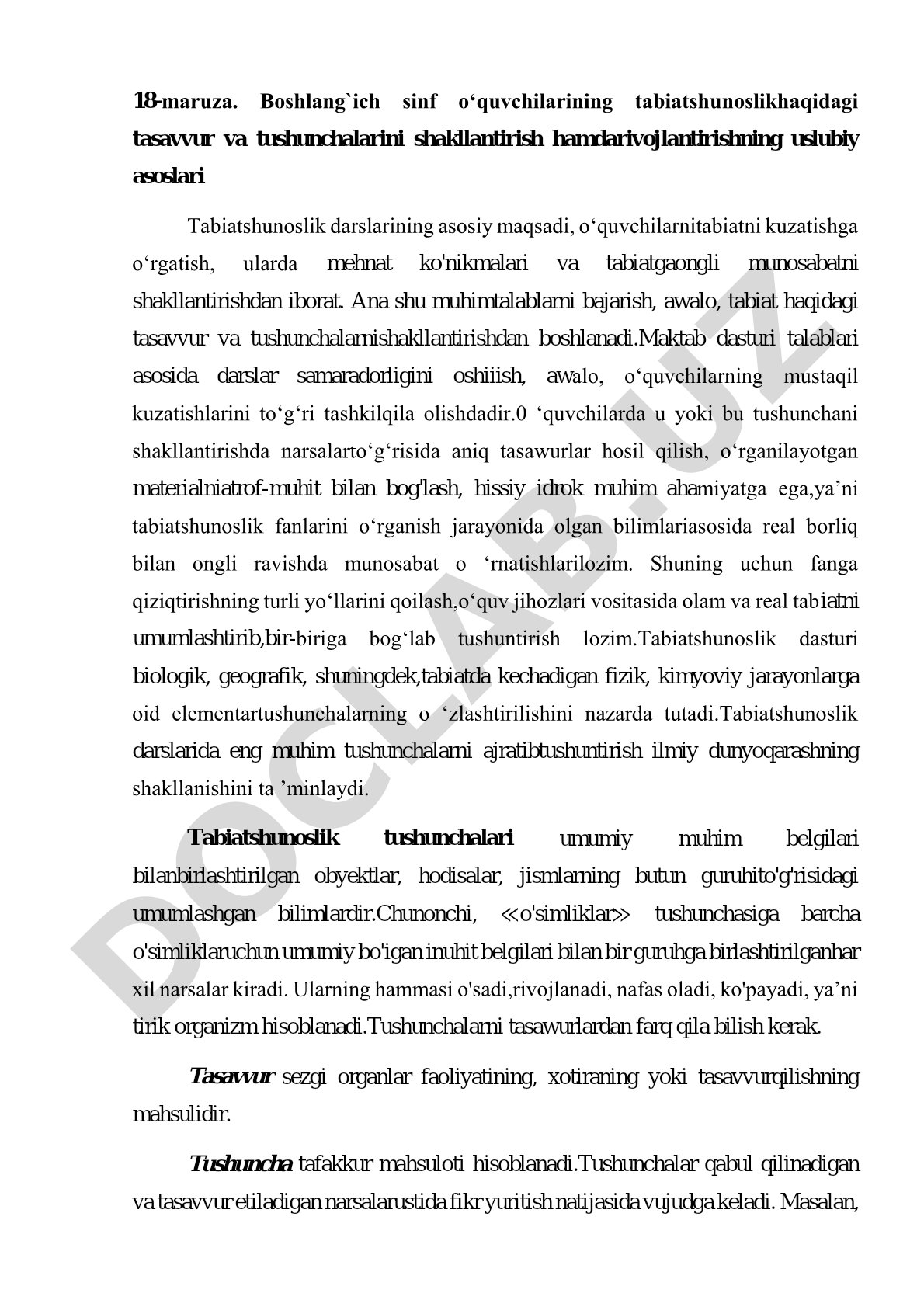 Boshlang'ich sinf o'quvchilarida tabiatshunoslik tushunchalarini shakllantirish uslubiy asoslari
