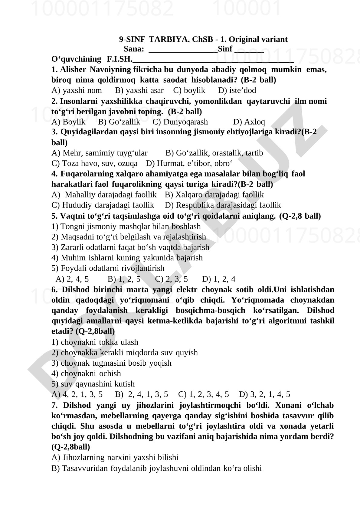 9-sinf Tarbiya fanidan ChSB-1 test savollari