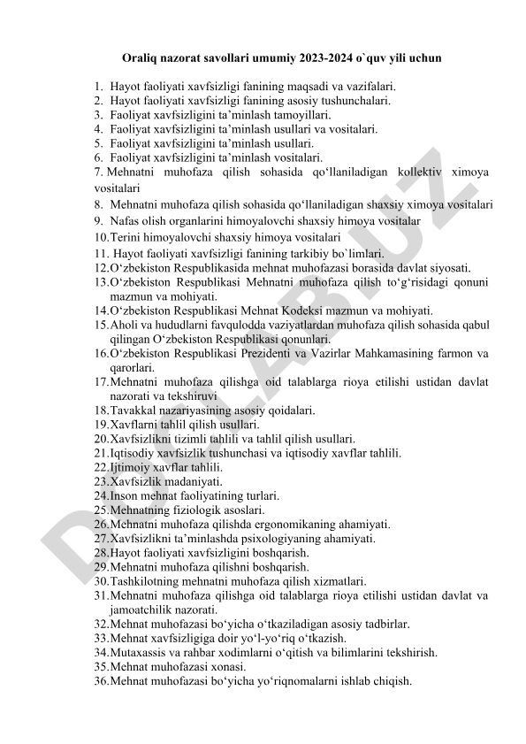 Hayot faoliyati xavfsizligi fanining maqsadlari, tushunchalari va himoya vositalari