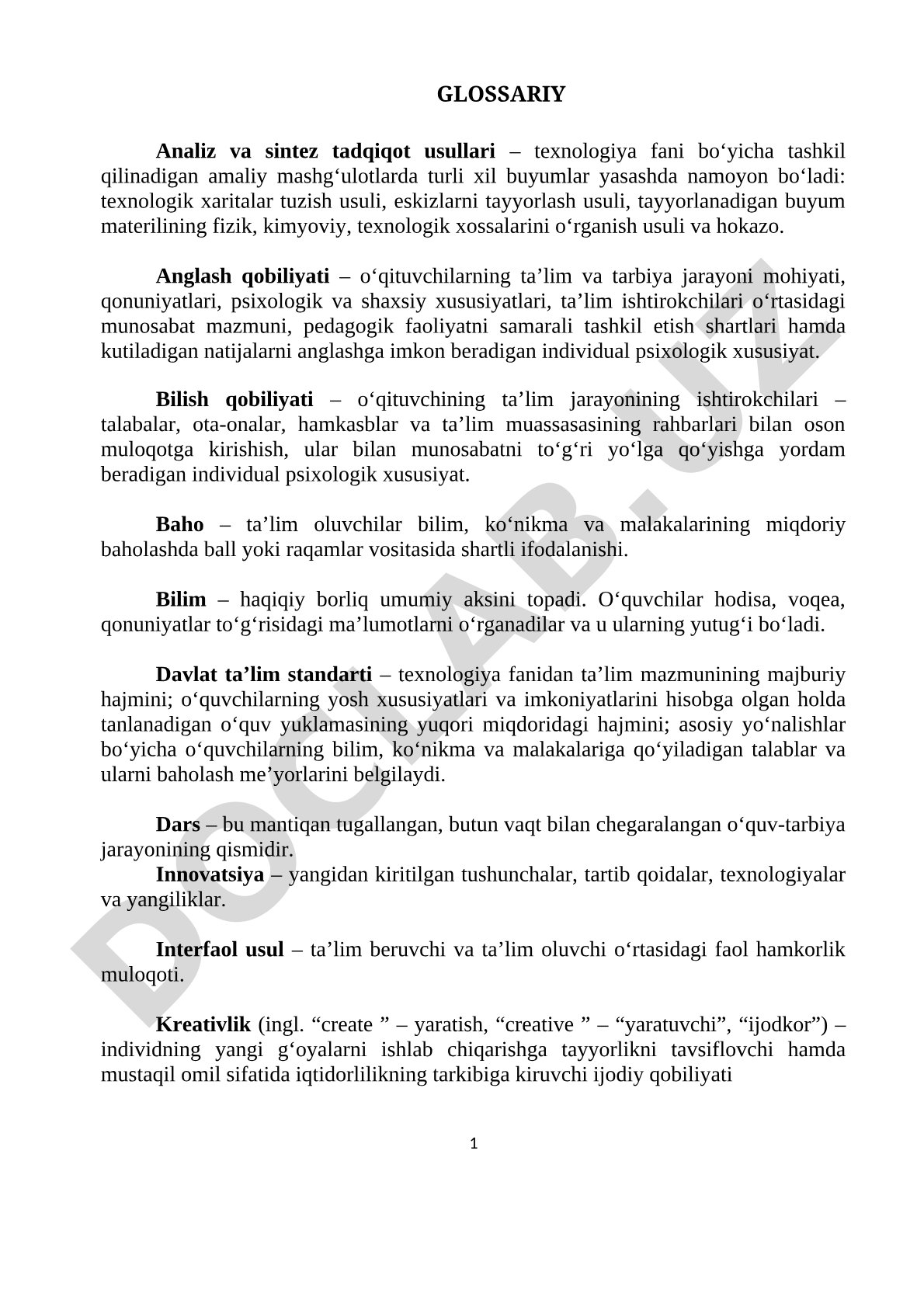 Texnologiya fani bo'yicha pedagogik atamalar glossariysi