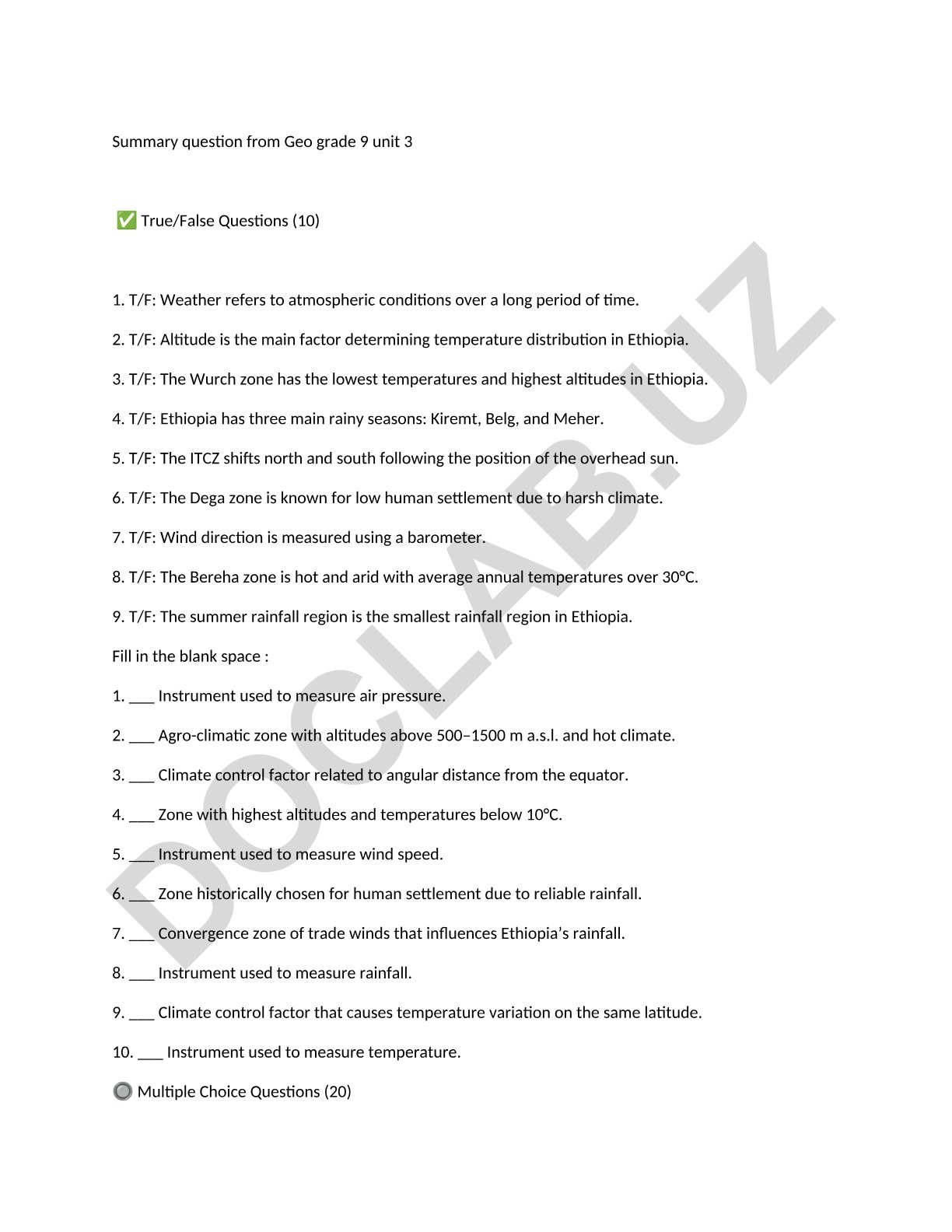 Ethiopia's Climate and Weather True/False Questions