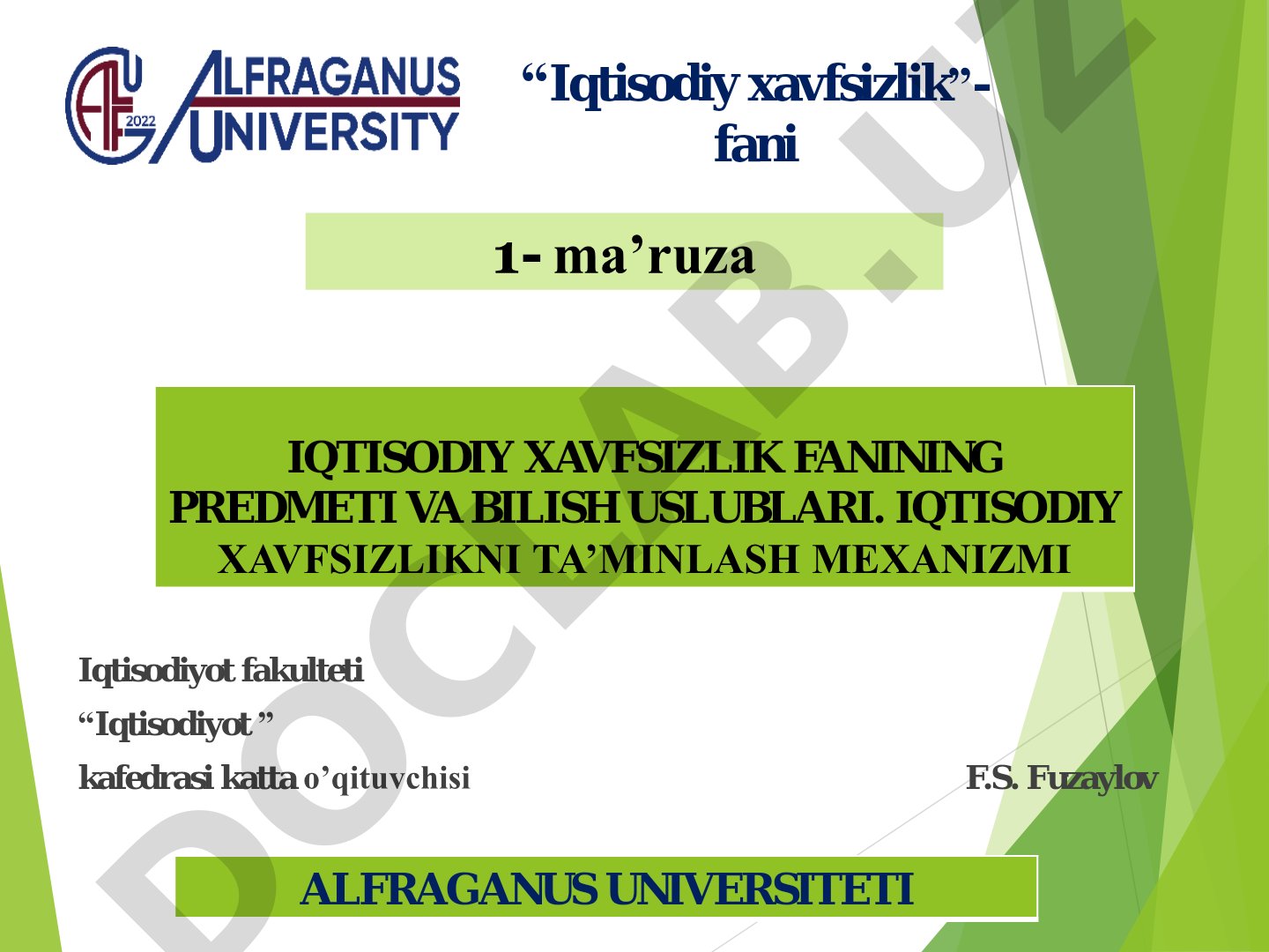 Iqtisodiy xavfsizlik fanining predmeti va bilish uslublari. Iqtisodiy xavfsizlikni ta’minlash mexanizmi