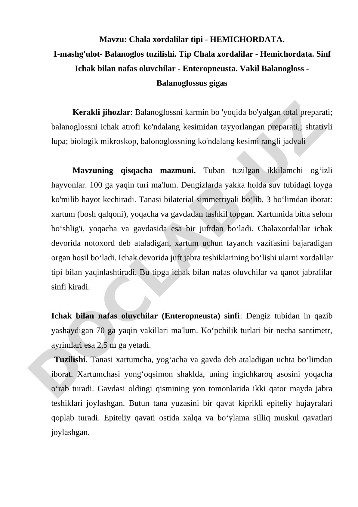 Chala xordalilar tipi - HEMICHORDATА. 1-mashg'ulot- Balanoglos tuzilishi.