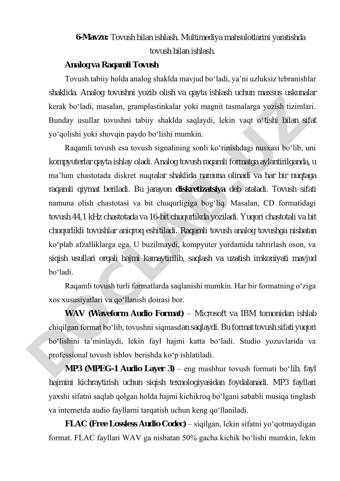 Tovush bilan ishlash. Multimediya mahsulotlarini yaratishda tovush bilan ishlash. Analog va Raqamli Tovush