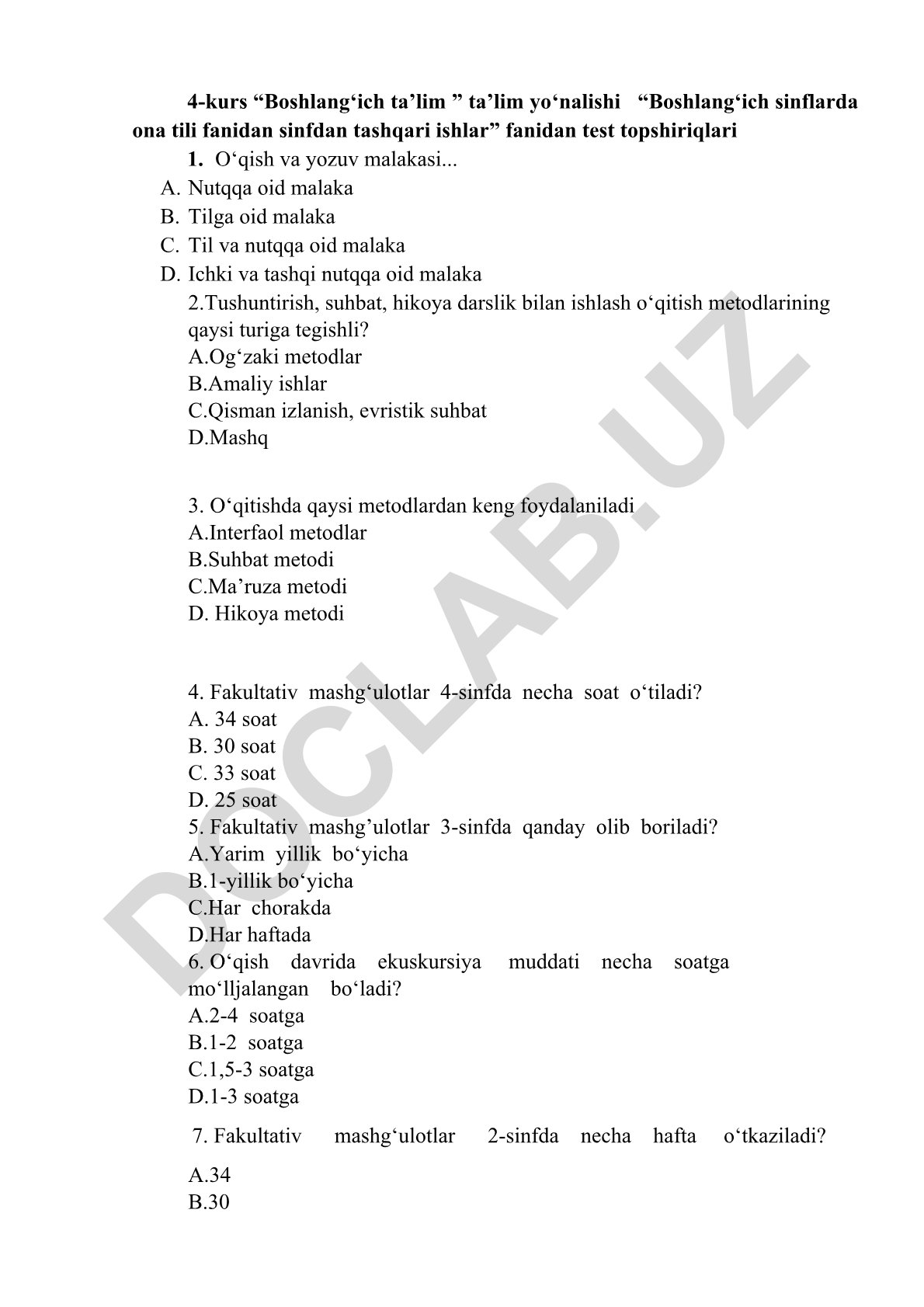 Boshlang'ich sinflarda ona tili fanidan sinfdan tashqari ishlar test topshiriqlari