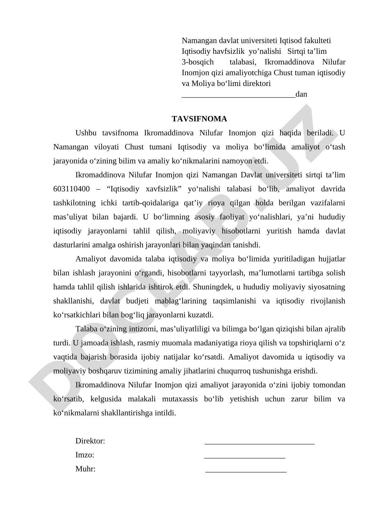 Ikromaddinova Nilufar Inomjon qizining amaliyot tavsifnomasi