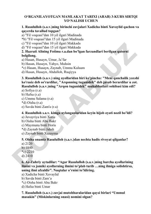 Arab mamlakati tarixi test savollari