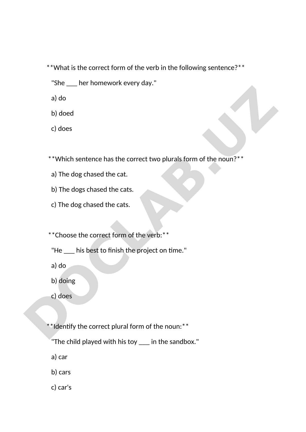 Verb forms and plural nouns grammar exercises