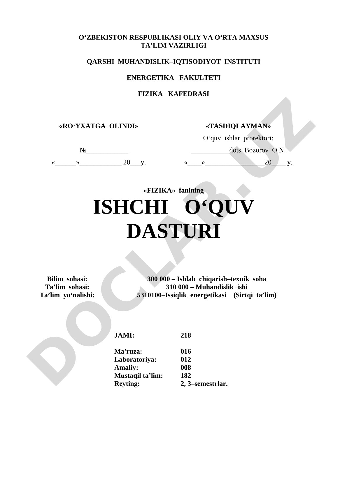 Fizika fanining ishchi o'quv dasturi