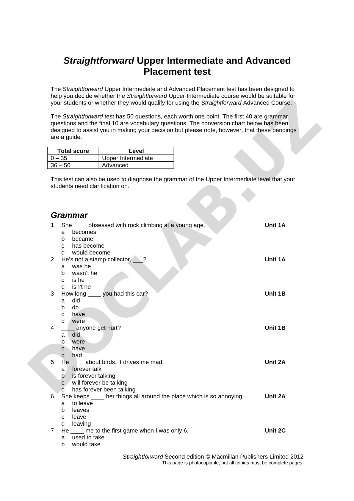 Straightforward Upper Intermediate and Advanced Placement test