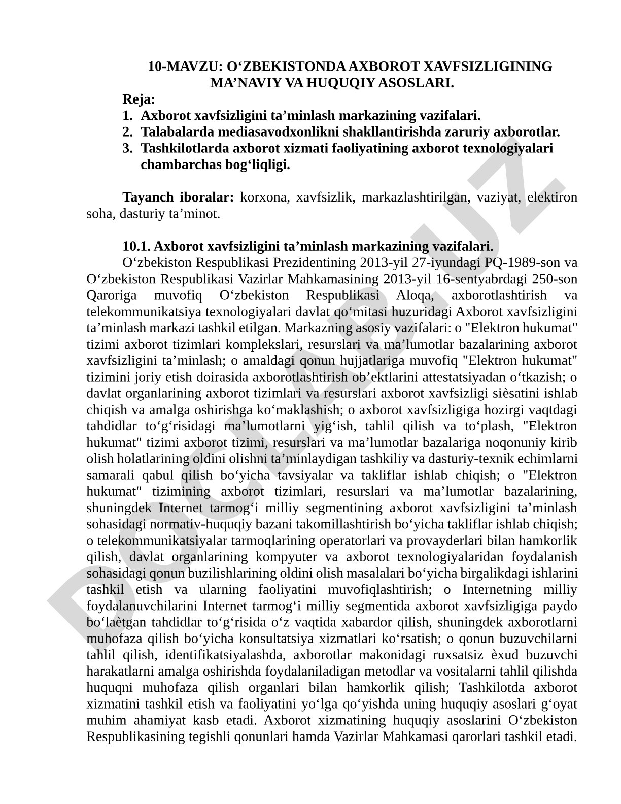 O‘ZBEKISTONDA AXBOROT XAVFSIZLIGINING MA’NAVIY VA HUQUQIY ASOSLARI